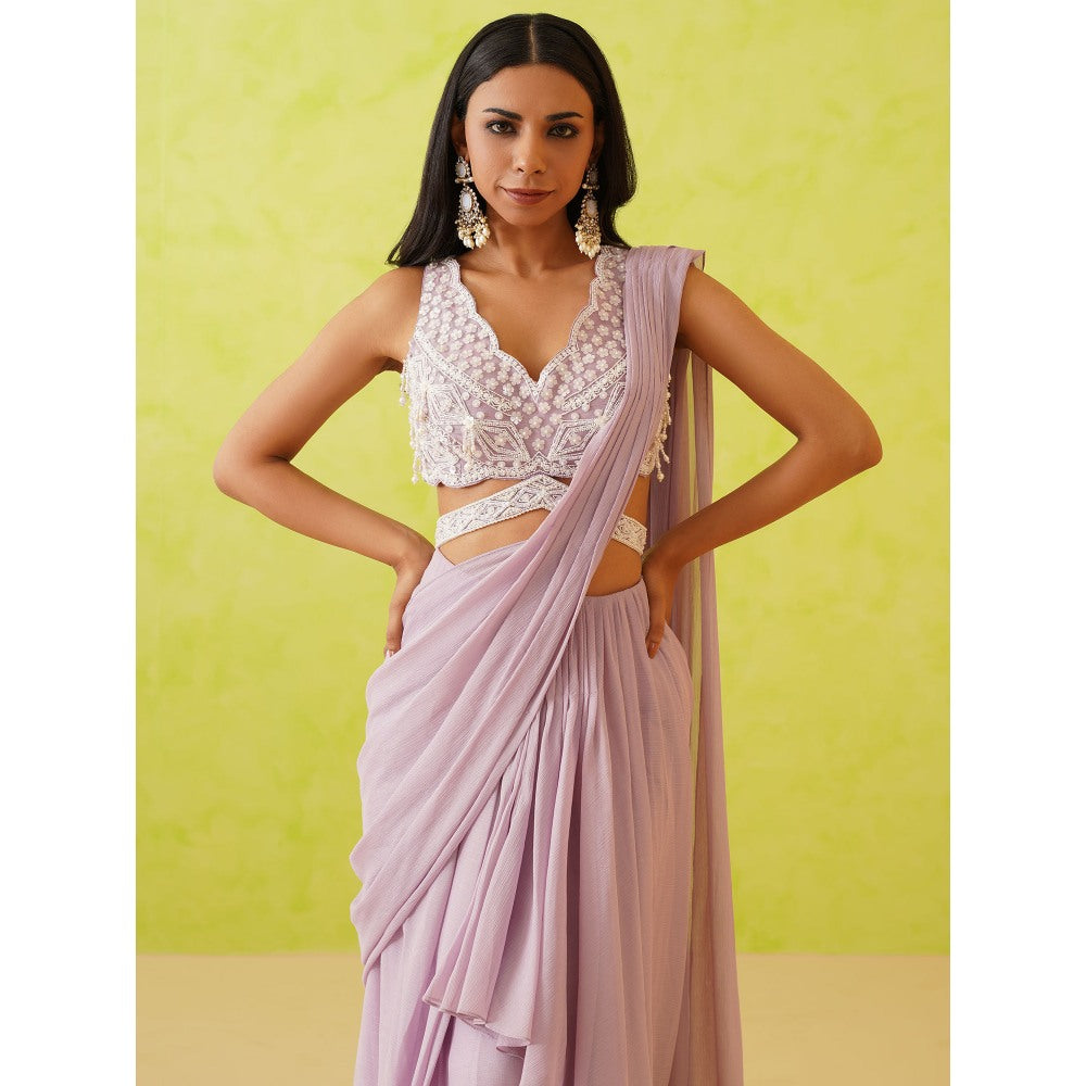 Deepika Chadha Mauve Pre-Draped Embellished Saree with Stitched Blouse