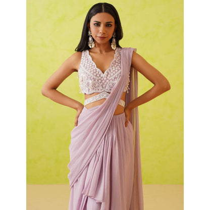 Deepika Chadha Mauve Pre-Draped Embellished Saree with Stitched Blouse