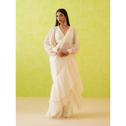 Deepika Chadha White Pre-Draped Embellished Saree with Stitched Blouse