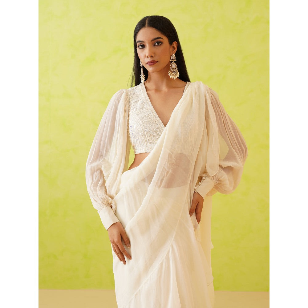 Deepika Chadha White Pre-Draped Embellished Saree with Stitched Blouse