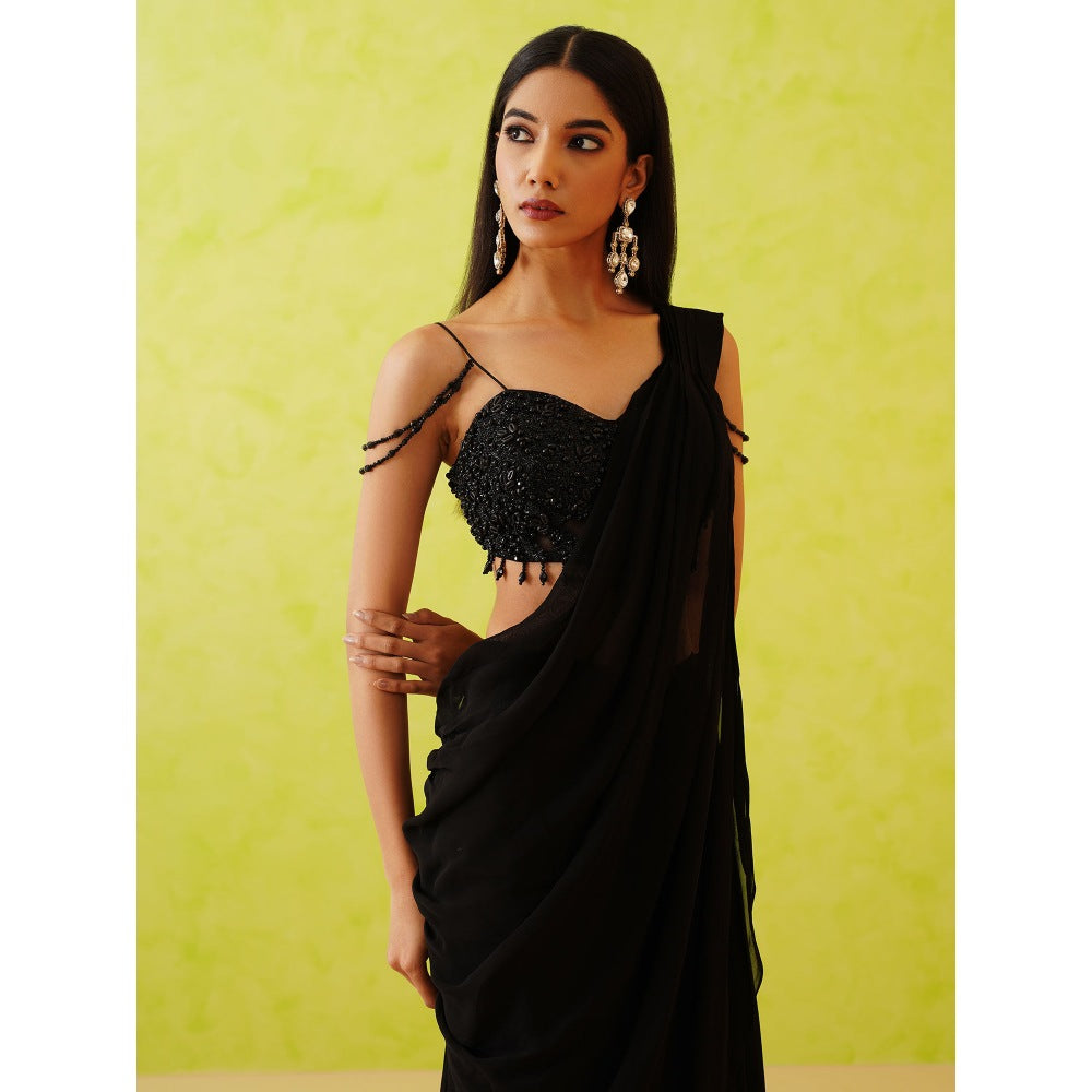 Deepika Chadha Black Pre-Draped Embellished Saree with Stitched Blouse