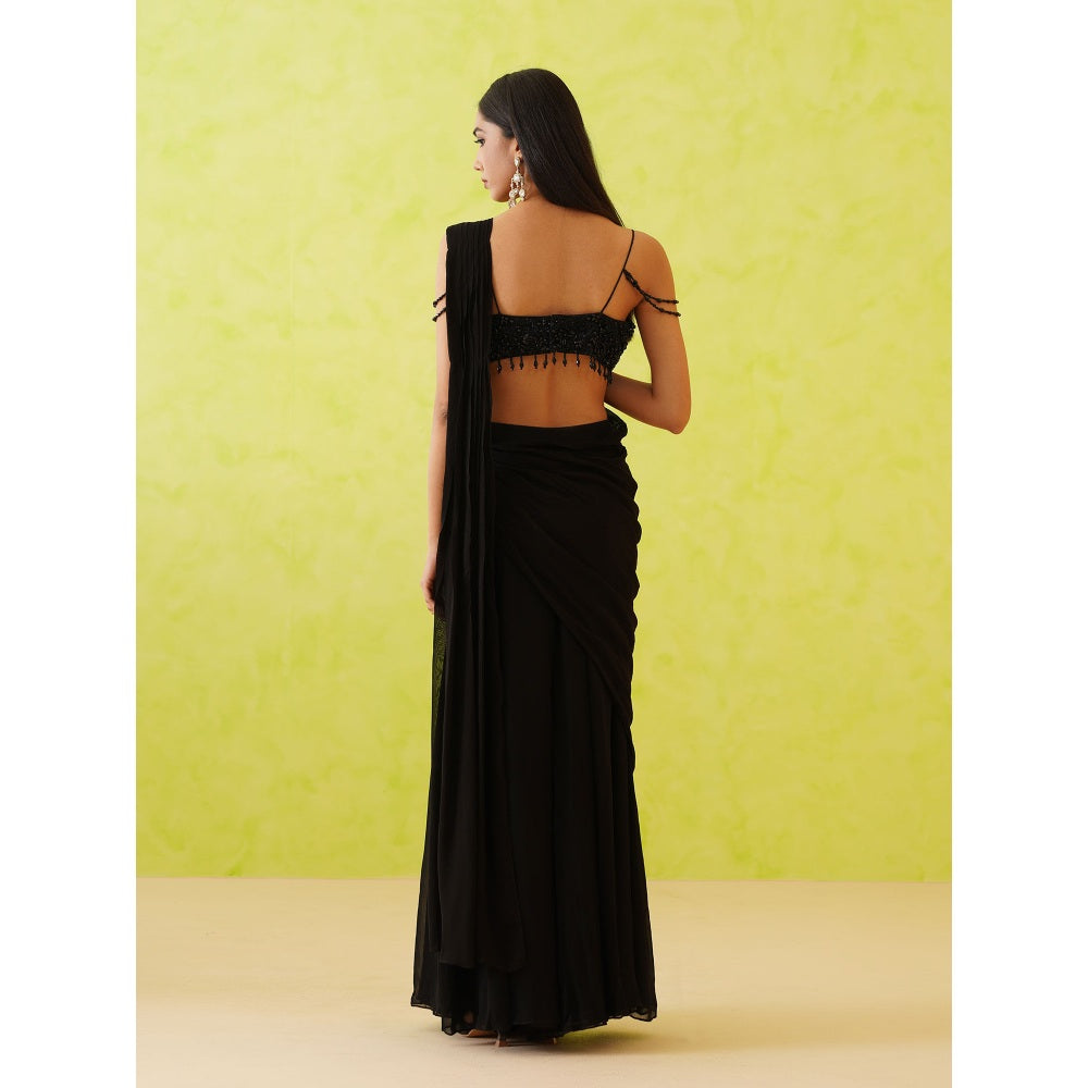 Deepika Chadha Black Pre-Draped Embellished Saree with Stitched Blouse
