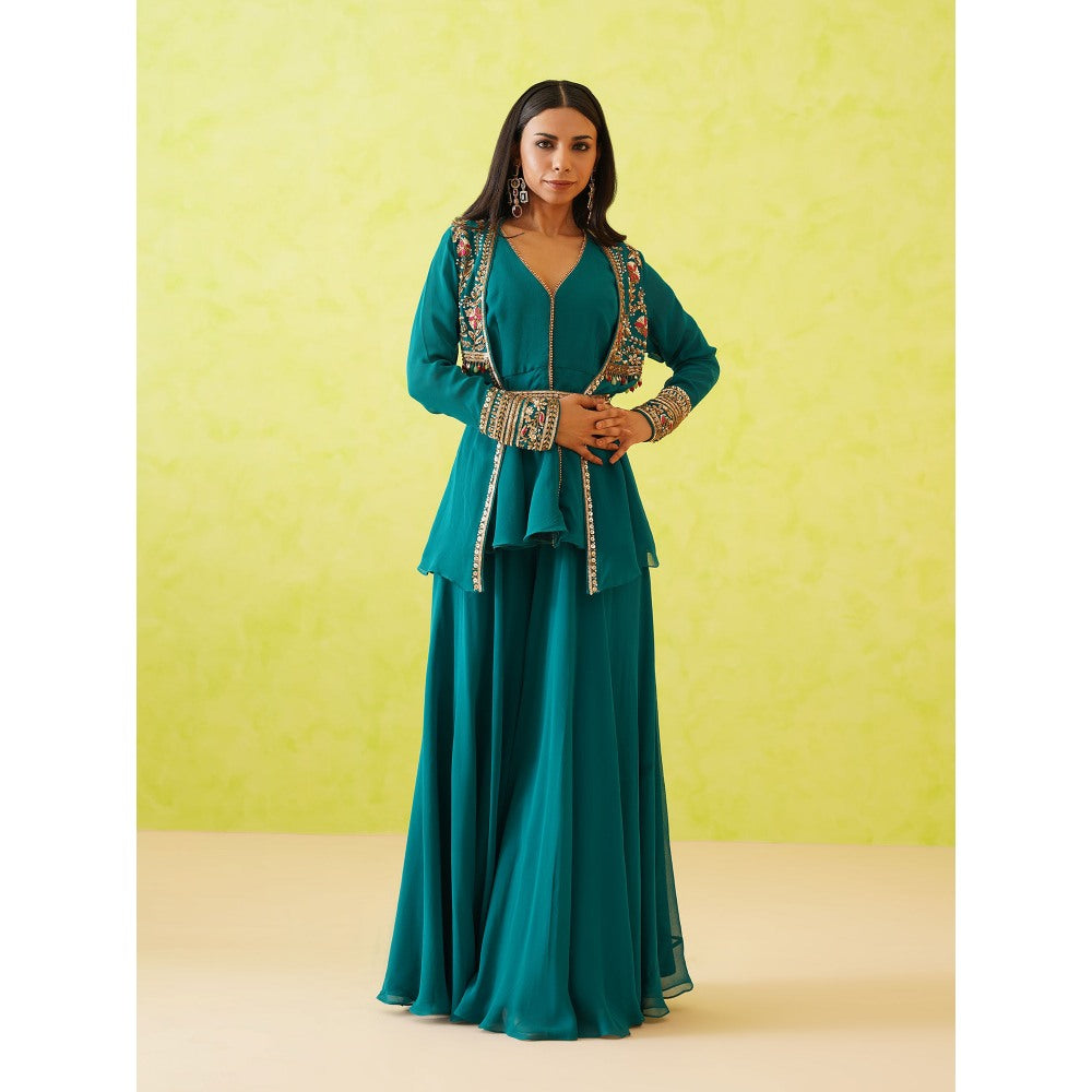 Deepika Chadha Green Jacket with Top, Belt and Sharara (Set of 4)