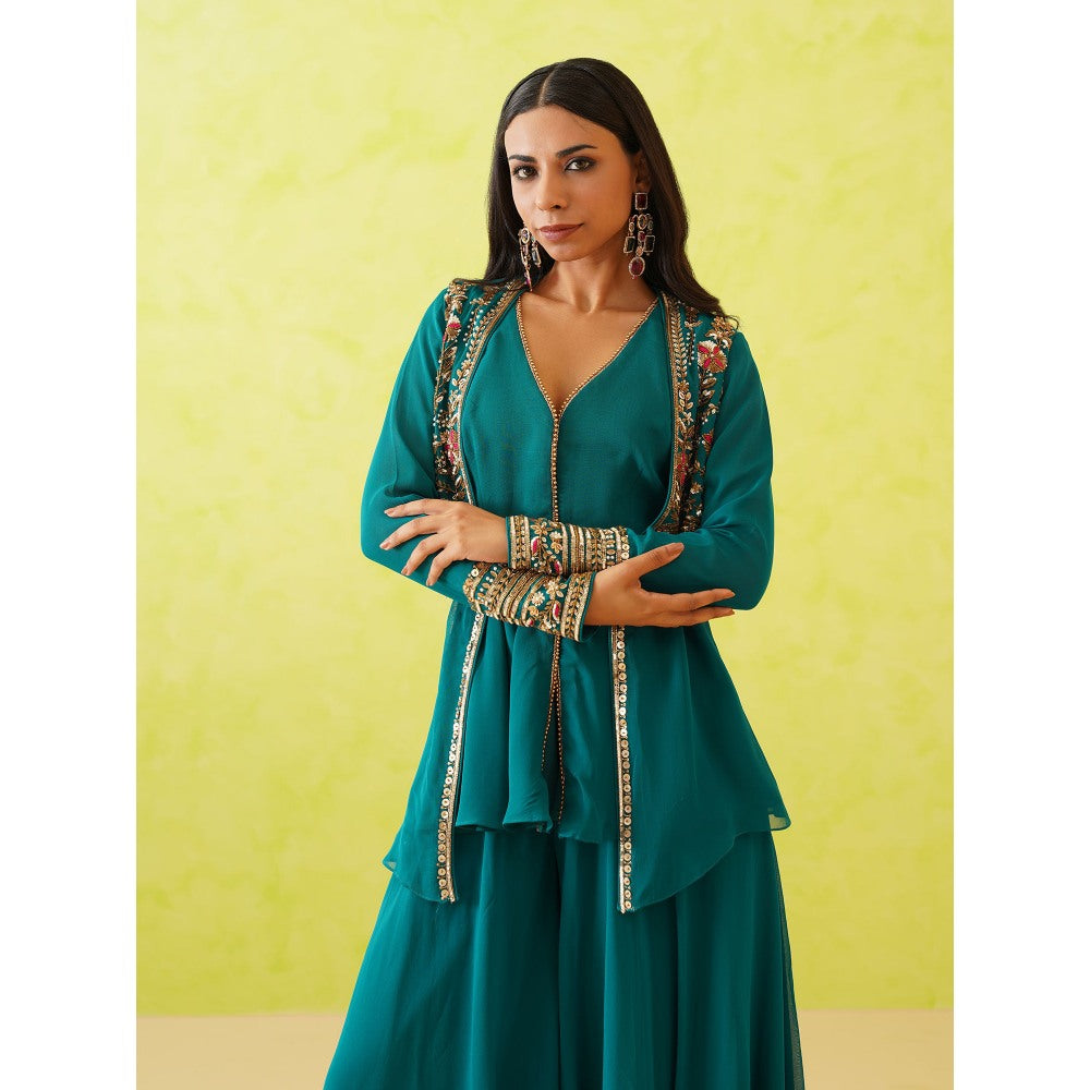 Deepika Chadha Green Jacket with Top, Belt and Sharara (Set of 4)