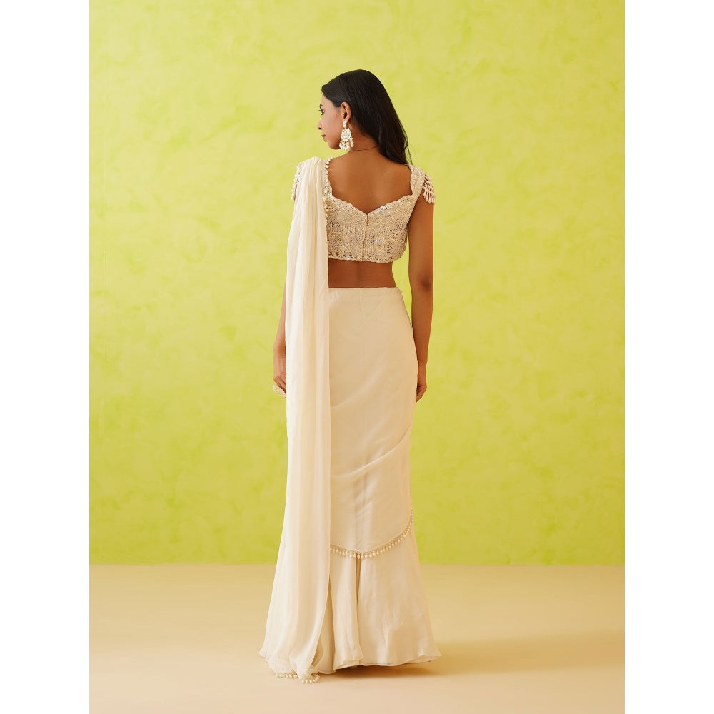 Deepika Chadha White Pre-Draped Embellished Saree with Stitched Blouse