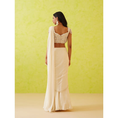 Deepika Chadha White Pre-Draped Embellished Saree with Stitched Blouse