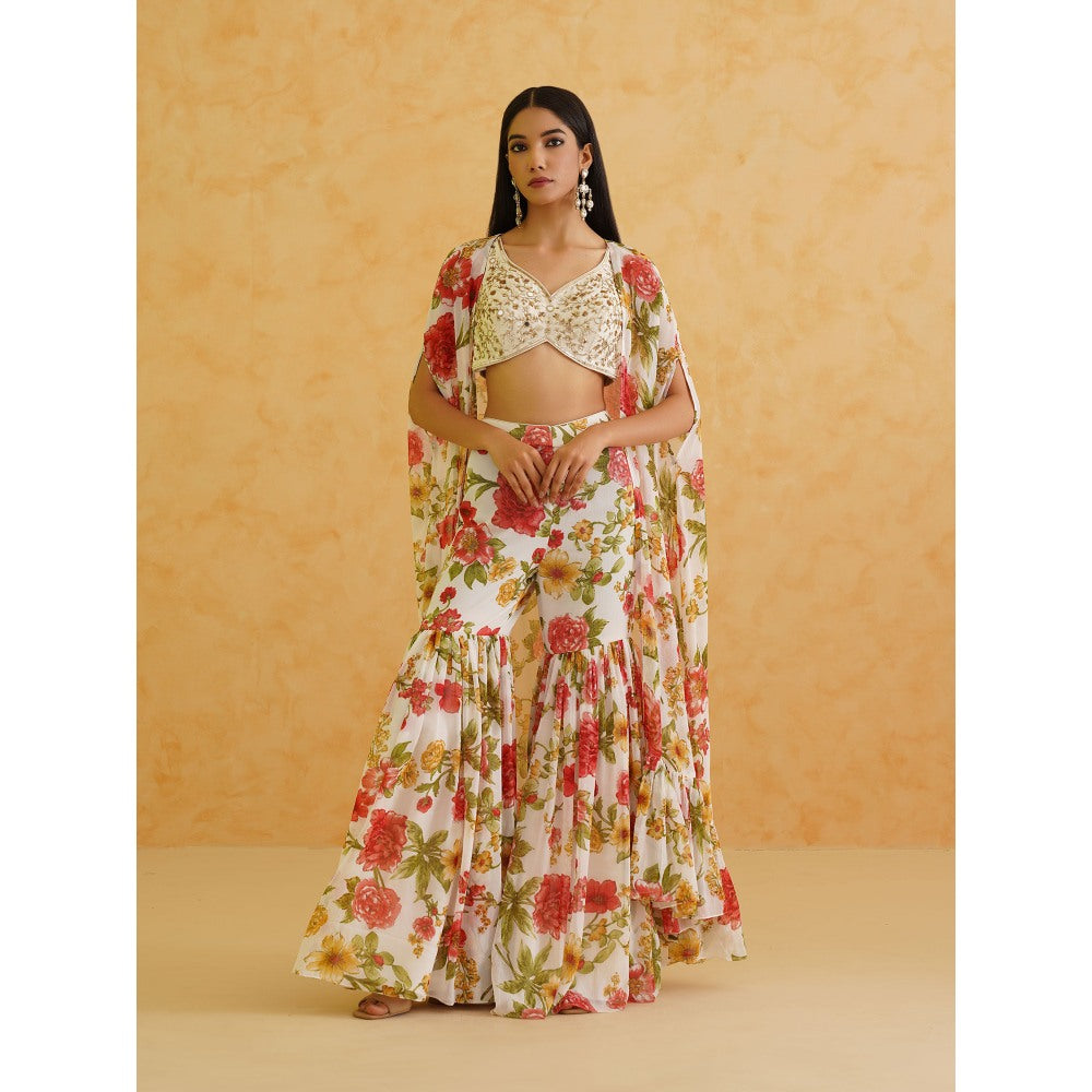Deepika Chadha White Embroidered Blouse with Cape and Sharara (Set of 3)