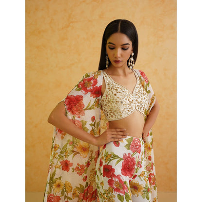 Deepika Chadha White Embroidered Blouse with Cape and Sharara (Set of 3)