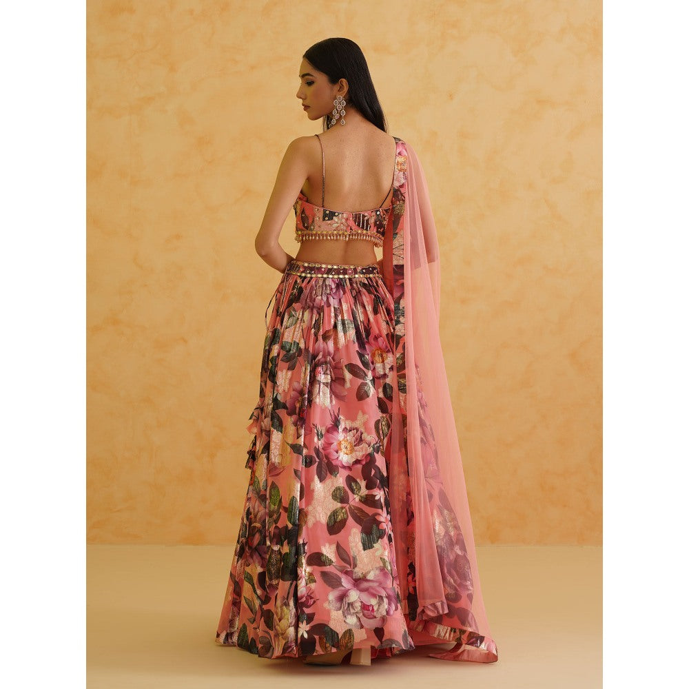 Deepika Chadha Pink Printed Georgette Lehenga with Blouse and Dupatta (Set of 3)