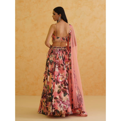 Deepika Chadha Pink Printed Georgette Lehenga with Blouse and Dupatta (Set of 3)