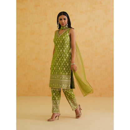 Deepika Chadha Green Brocade Kurta with Pant and Dupatta (Set of 3)