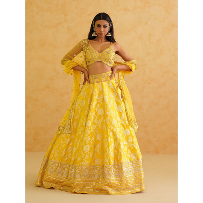 Deepika Chadha Yellow Brocade Lehenga with Blouse and Dupatta (Set of 3)