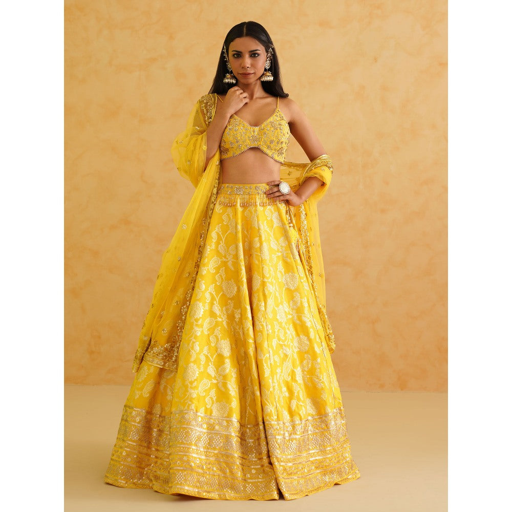 Deepika Chadha Yellow Brocade Lehenga with Blouse and Dupatta (Set of 3)