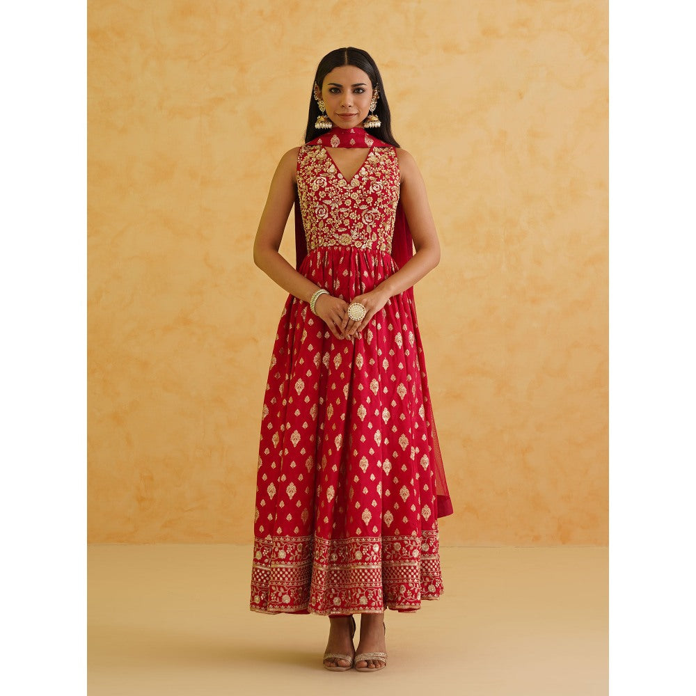 Deepika Chadha Red Brocade Anarkali with Churidar and Dupatta (Set of 3)