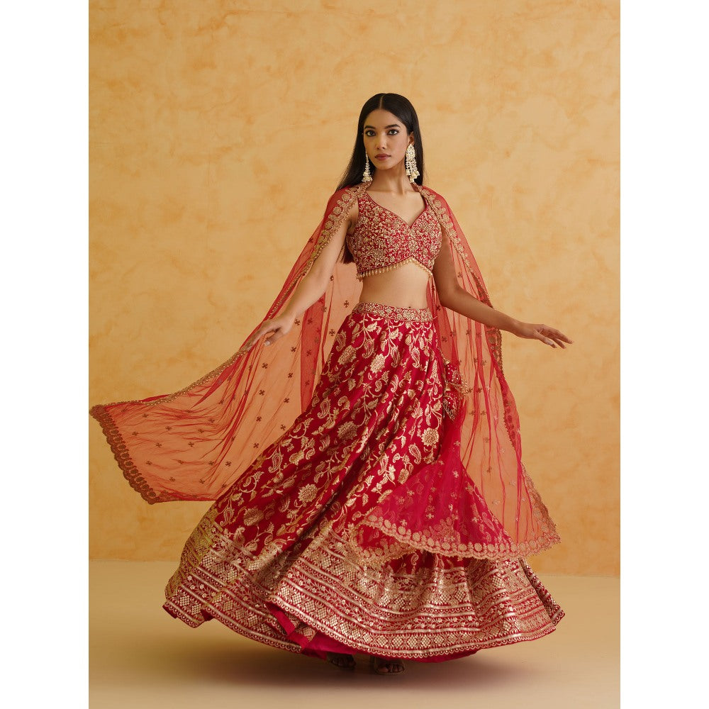 Deepika Chadha Pink Brocade Lehenga with Blouse and Dupatta (Set of 3)