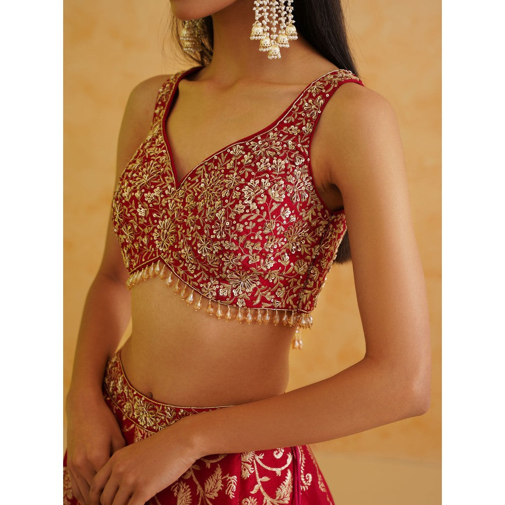 Deepika Chadha Pink Brocade Lehenga with Blouse and Dupatta (Set of 3)