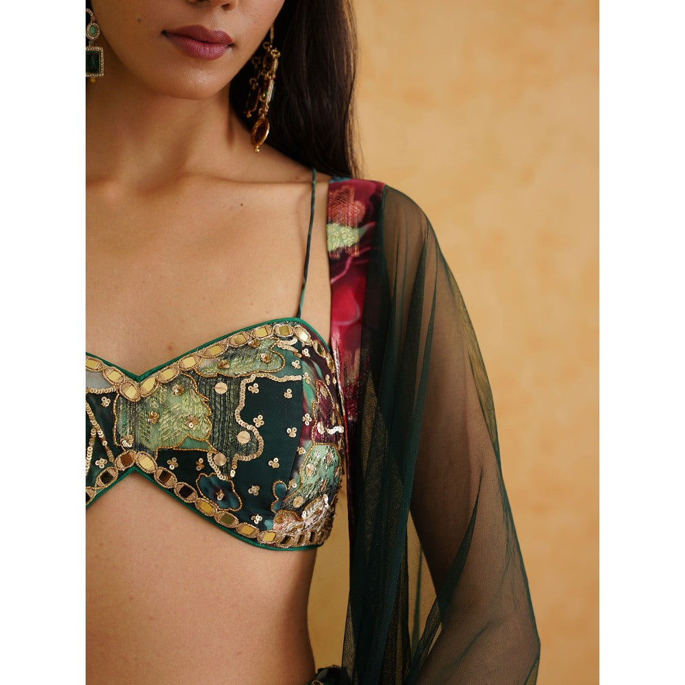 Deepika Chadha Green Printed Georgette Lehenga with Blouse and Dupatta (Set of 3)