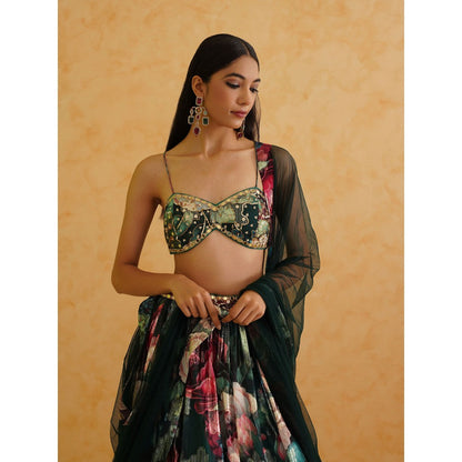 Deepika Chadha Green Printed Georgette Lehenga with Blouse and Dupatta (Set of 3)