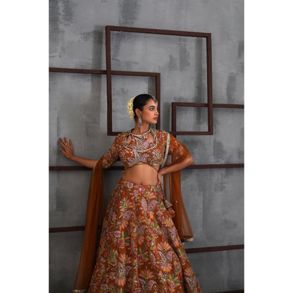 Deepika Chadha Orange Printed Blouse with Lehenga and Dupatta (Set of 3)