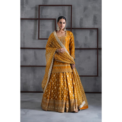 Deepika Chadha Mustard Embroidered Kurti with Lehenga and Dupatta (Set of 3)