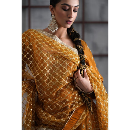 Deepika Chadha Mustard Embroidered Kurti with Palazzo and Dupatta (Set of 3)