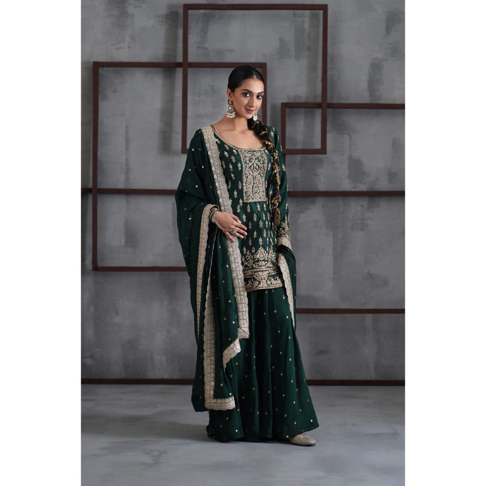 Deepika Chadha Green Embroidered Kurti with Palazzo and Dupatta (Set of 3)