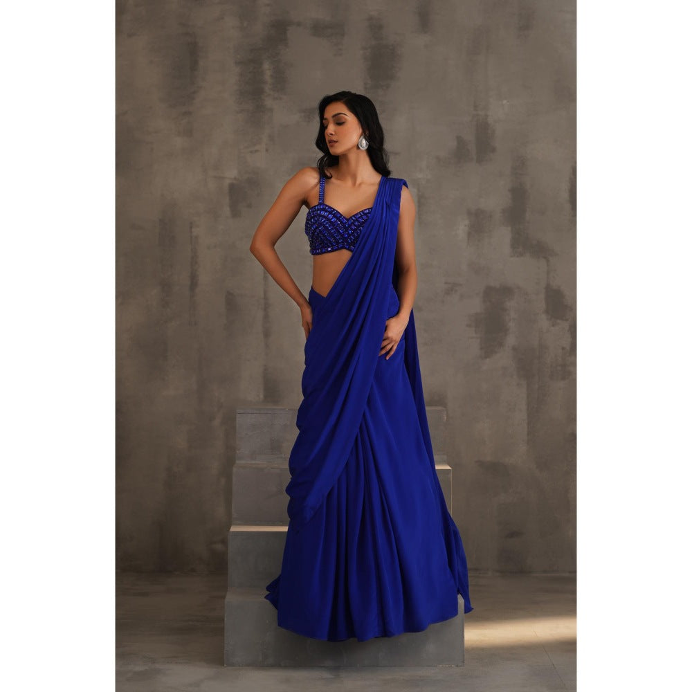 Deepika Chadha Royal Blue Embellished Pre-Draped Saree with Stitched Blouse