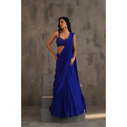 Deepika Chadha Royal Blue Embellished Pre-Draped Saree with Stitched Blouse