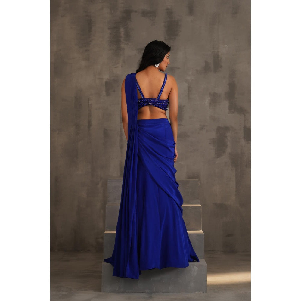 Deepika Chadha Royal Blue Embellished Pre-Draped Saree with Stitched Blouse