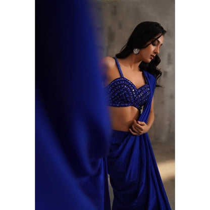 Deepika Chadha Royal Blue Embellished Pre-Draped Saree with Stitched Blouse