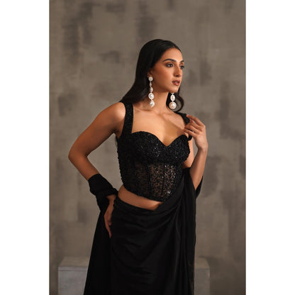 Deepika Chadha Black Embellished Pre-Drape Saree with Stitched Blouse