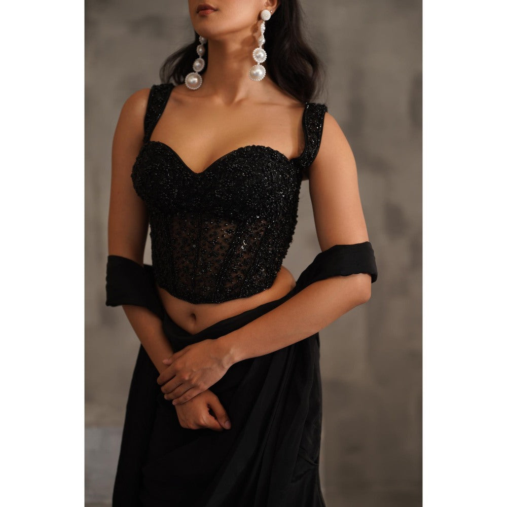 Deepika Chadha Black Embellished Pre-Drape Saree with Stitched Blouse