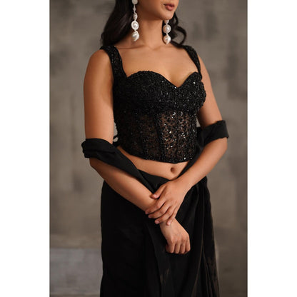 Deepika Chadha Black Embellished Pre-Drape Saree with Stitched Blouse