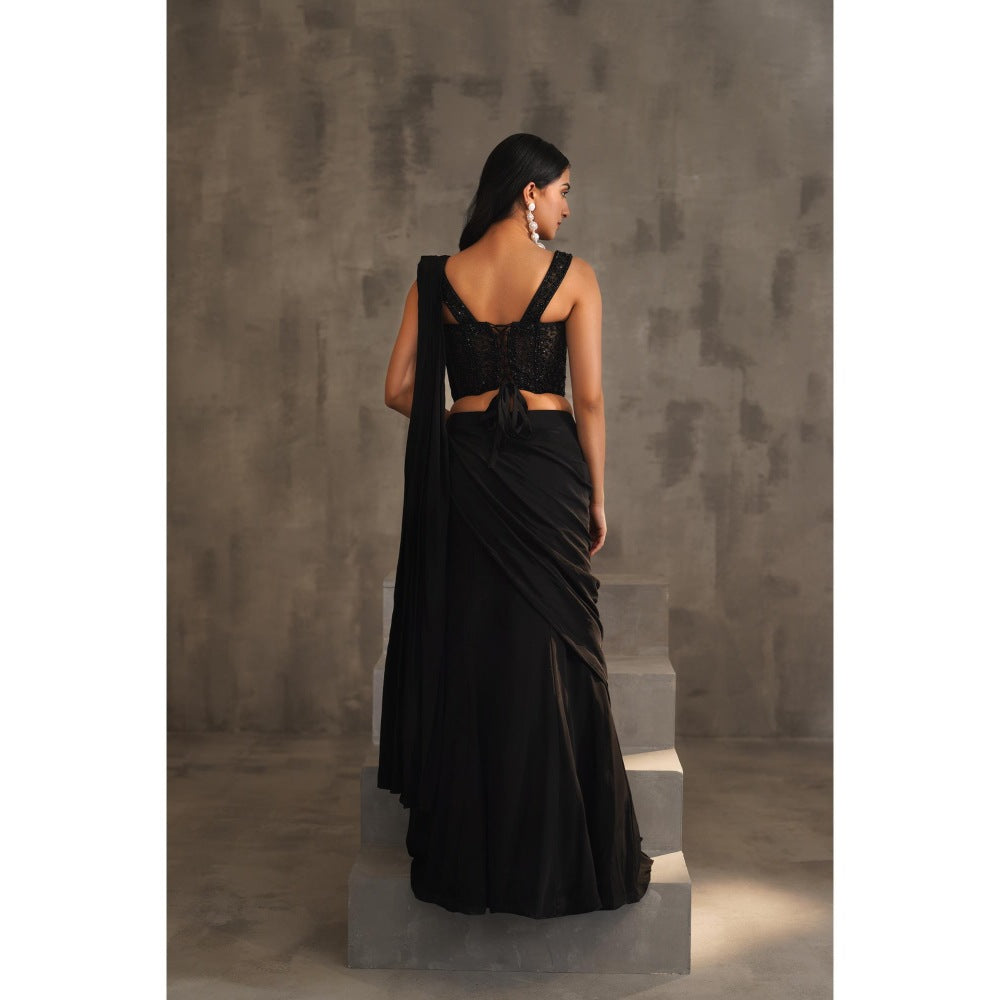 Deepika Chadha Black Embellished Pre-Drape Saree with Stitched Blouse
