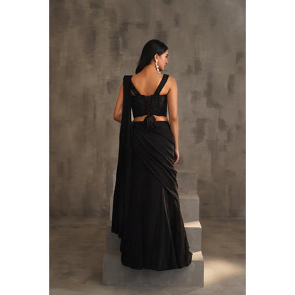 Deepika Chadha Black Embellished Pre-Drape Saree with Stitched Blouse