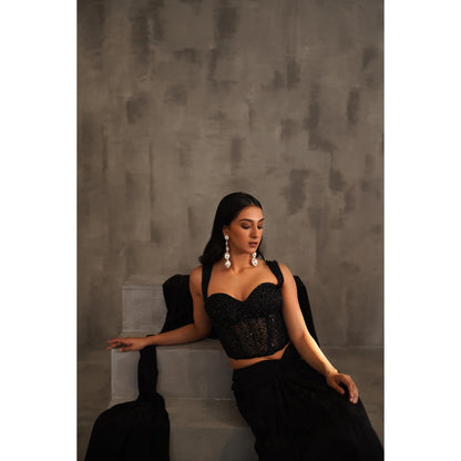 Deepika Chadha Black Embellished Pre-Drape Saree with Stitched Blouse