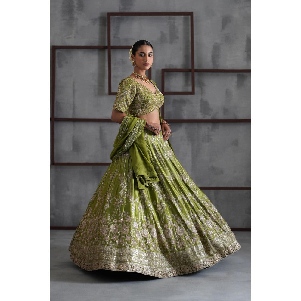 Deepika Chadha Green Embroidered Blouse with Lehenga and Dupatta (Set of 3)