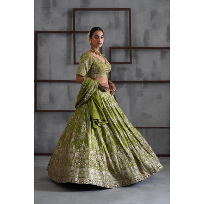 Deepika Chadha Green Embroidered Blouse with Lehenga and Dupatta (Set of 3)