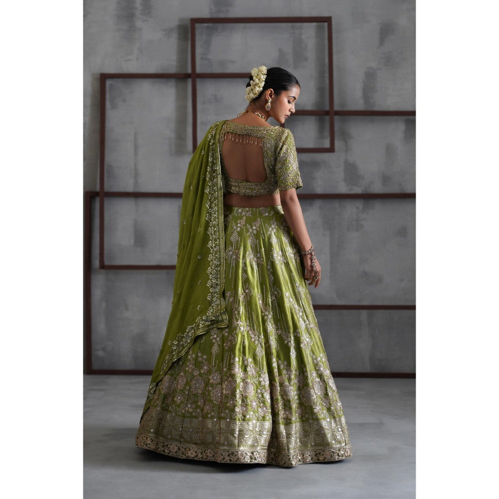 Deepika Chadha Green Embroidered Blouse with Lehenga and Dupatta (Set of 3)