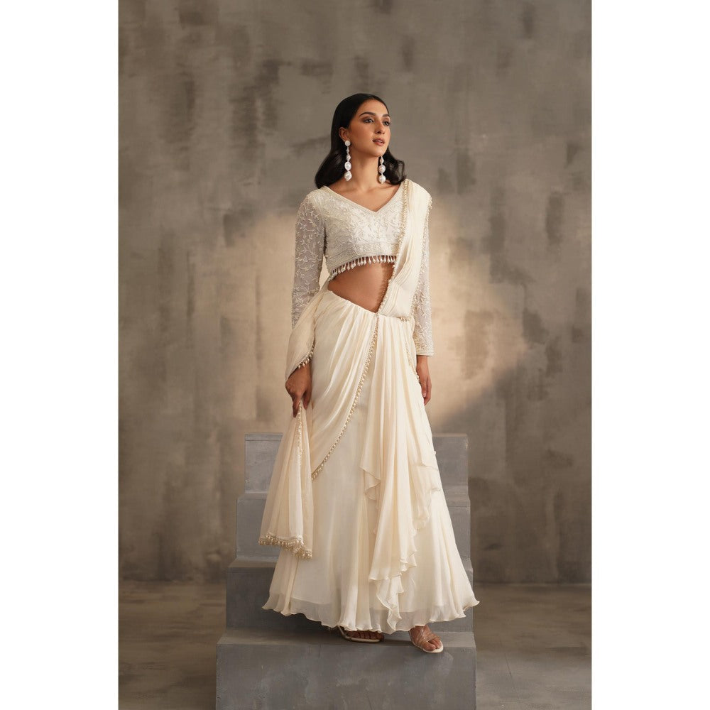 Deepika Chadha Off White Pre-Drape Saree with Stitched Blouse