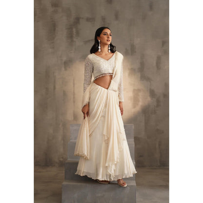 Deepika Chadha Off White Pre-Drape Saree with Stitched Blouse