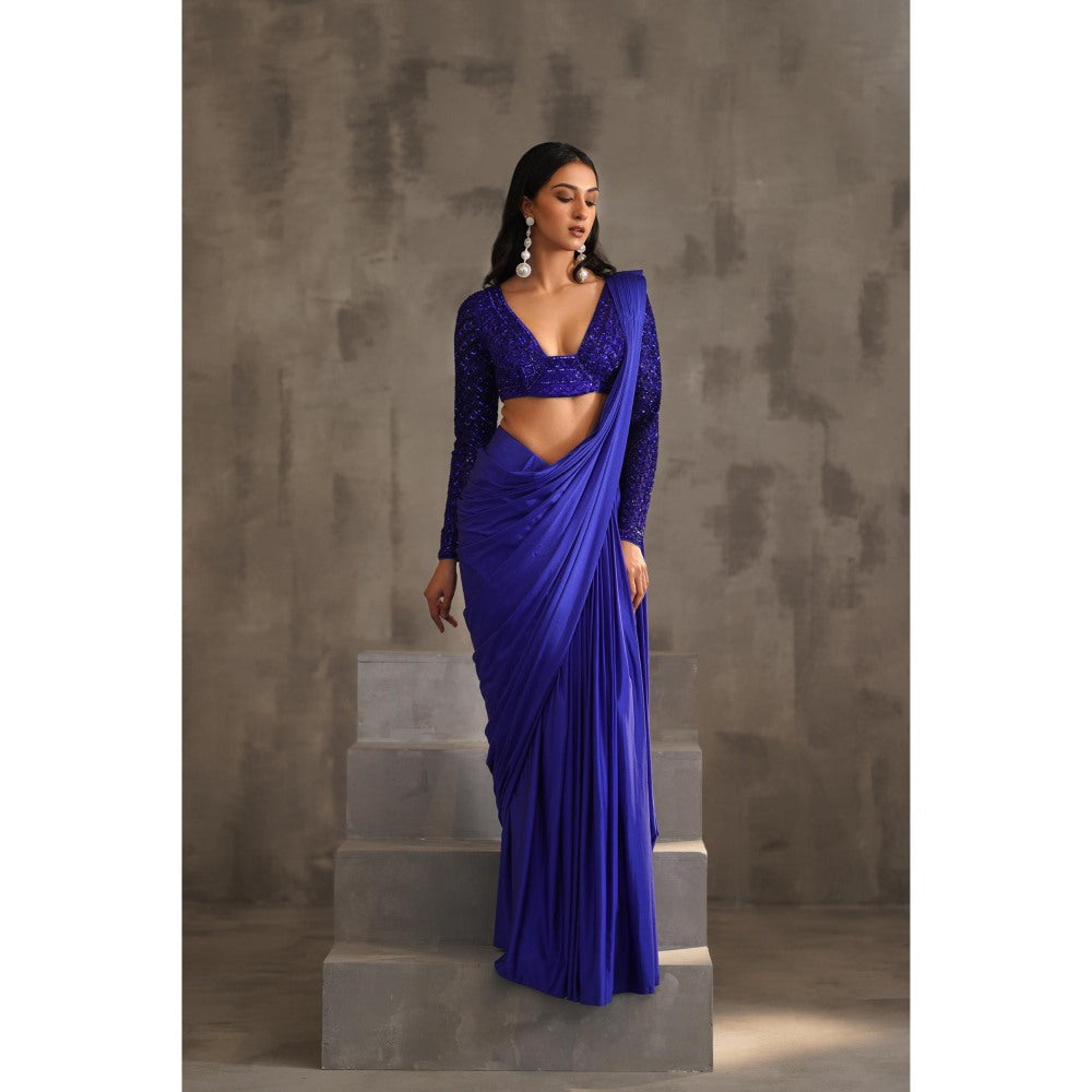 Deepika Chadha Royal Blue Embroidered Pre-Drape Saree with Stitched Blouse