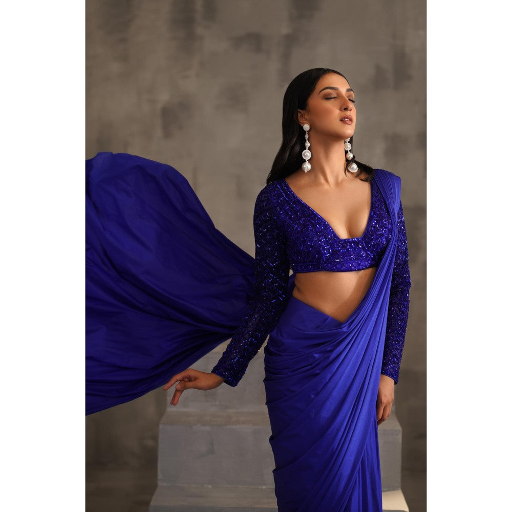 Deepika Chadha Royal Blue Embroidered Pre-Drape Saree with Stitched Blouse