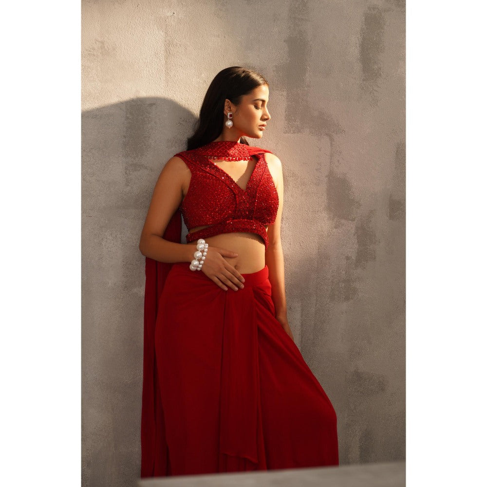 Deepika Chadha Red Embroidered Blouse with Skirt and Choker Dupatta (Set of 3)