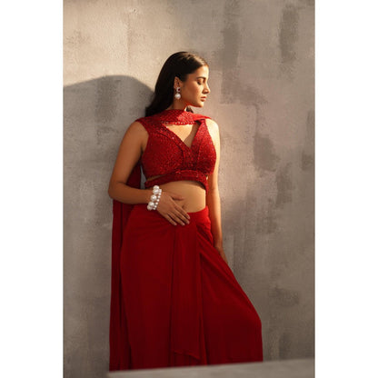 Deepika Chadha Red Embroidered Blouse with Skirt and Choker Dupatta (Set of 3)