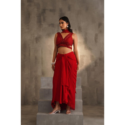 Deepika Chadha Red Embroidered Blouse with Skirt and Choker Dupatta (Set of 3)