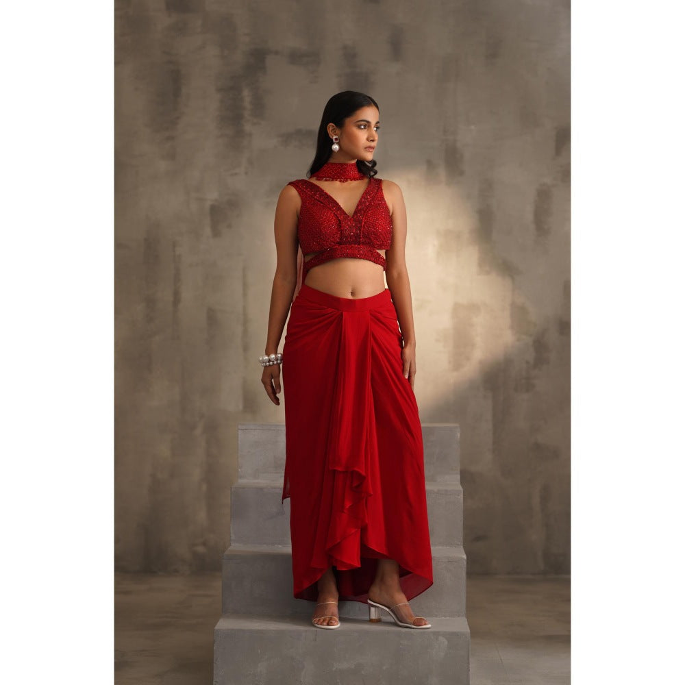 Deepika Chadha Red Embroidered Blouse with Skirt and Choker Dupatta (Set of 3)