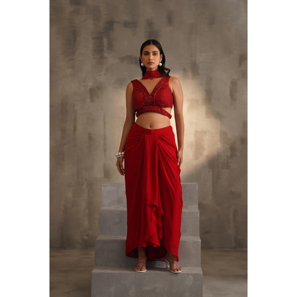 Deepika Chadha Red Embroidered Blouse with Skirt and Choker Dupatta (Set of 3)