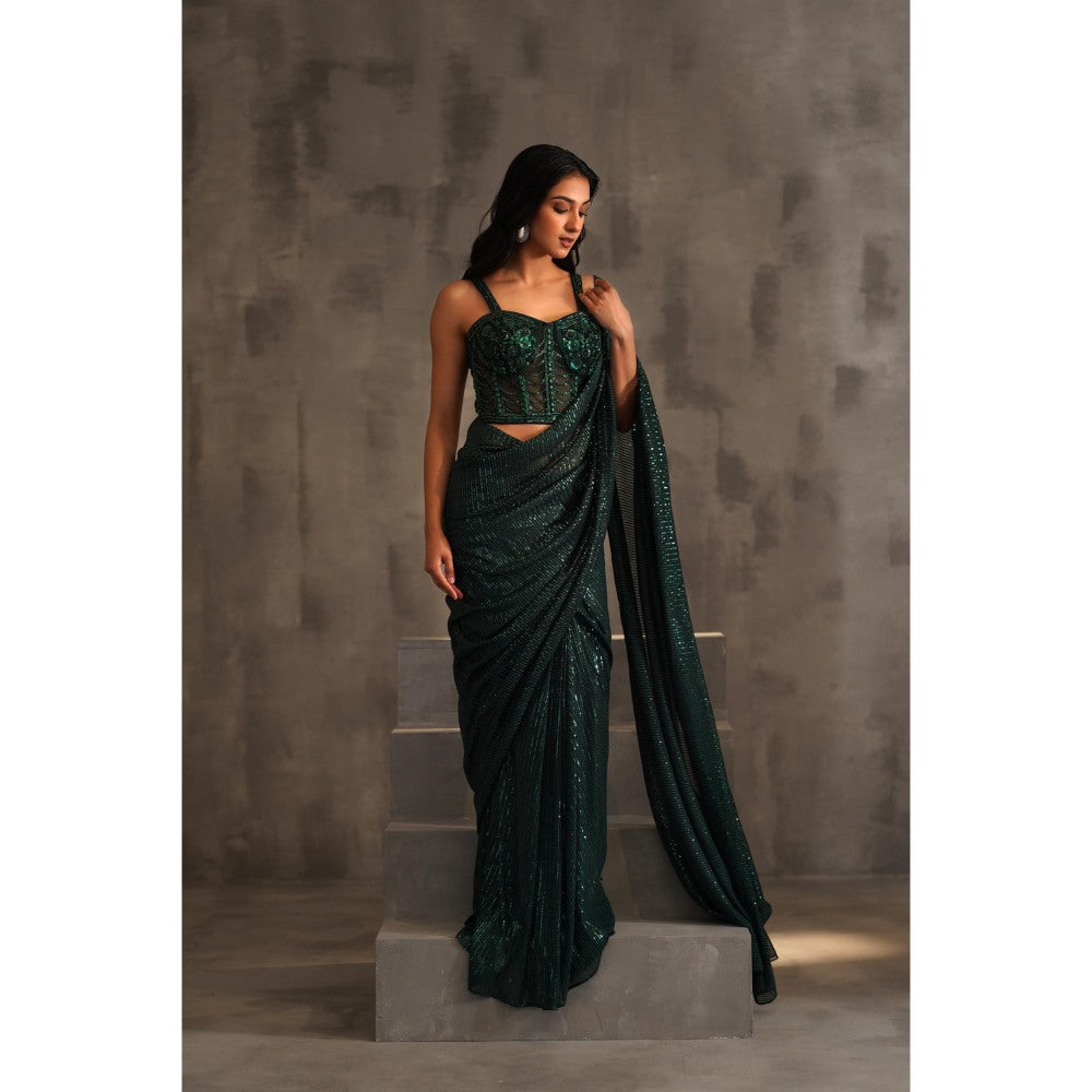 Deepika Chadha Bottle Green Embroidered Pre-Drape Saree with Stitched Blouse