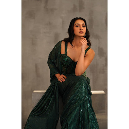 Deepika Chadha Bottle Green Embroidered Pre-Drape Saree with Stitched Blouse